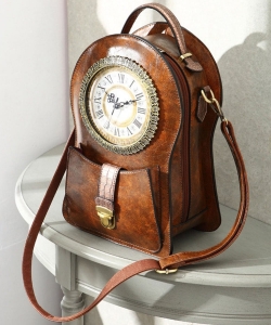 Clock Shaped PU Leather Backpack C005 BROWN/